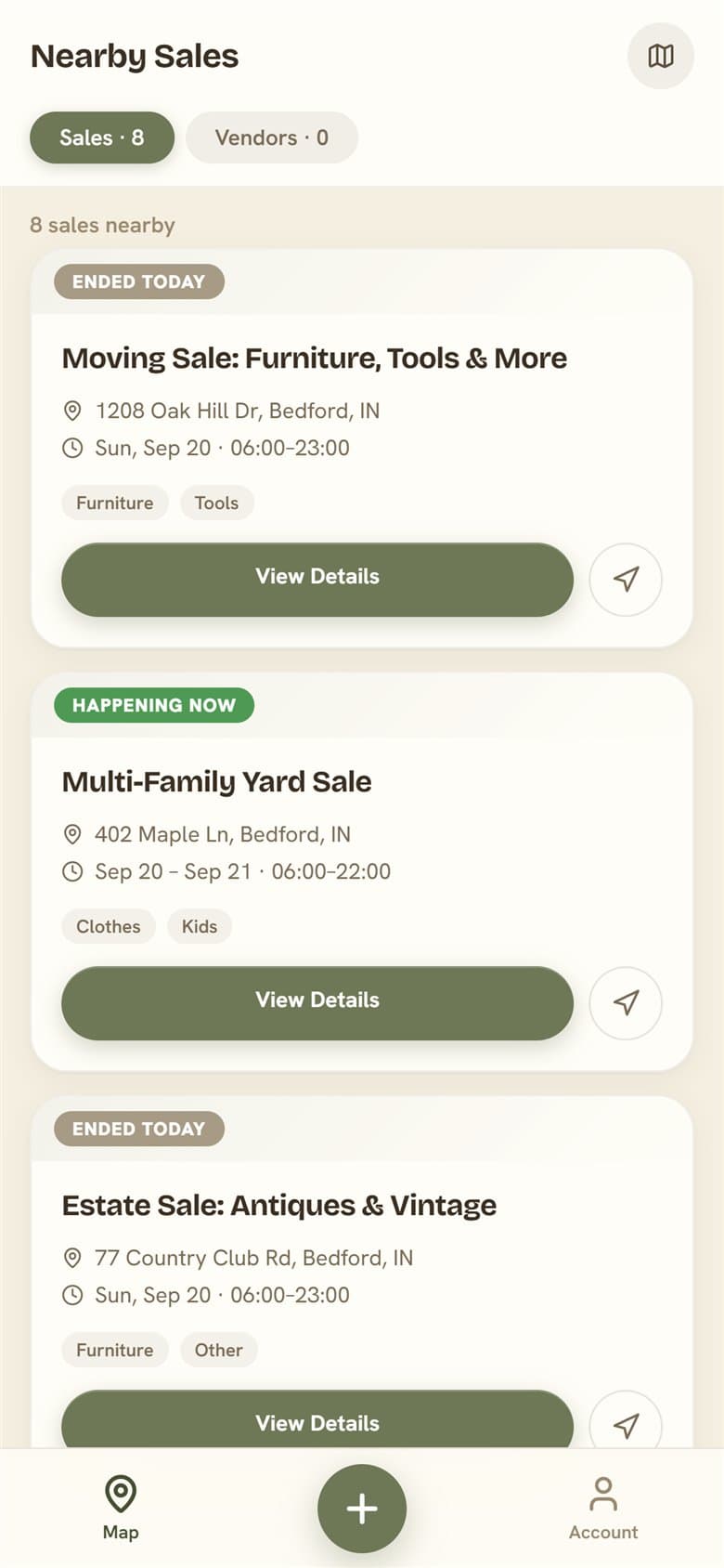 The Nearby Sales list showing titles, addresses, dates and categories